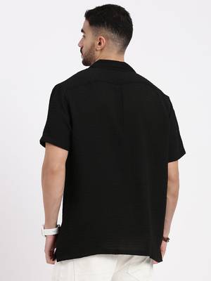 men's black cuban collar relaxed fit solid shirt 4