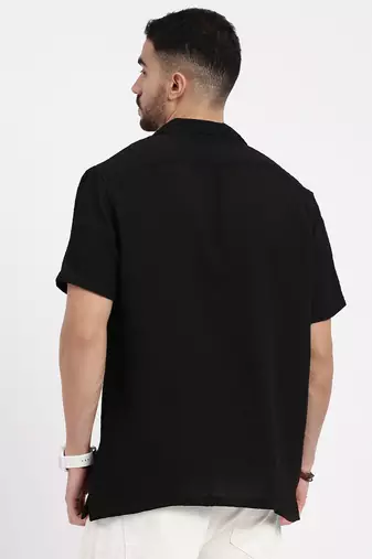 men's black cuban collar relaxed fit solid shirt