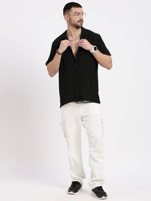 men's black cuban collar relaxed fit solid shirt 5