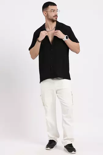 men's black cuban collar relaxed fit solid shirt