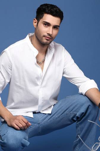 men's mandarin collar solid slim fit white shirt