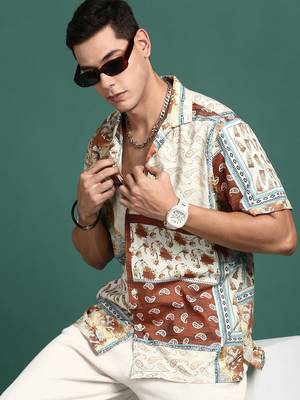 men's cuban collar floral rust relaxed fit shirt 1