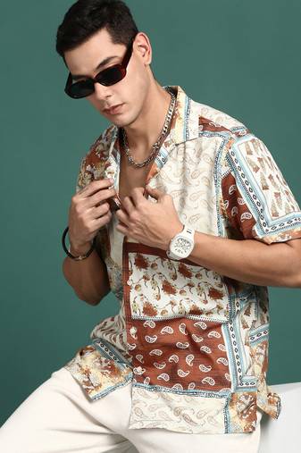 men's cuban collar floral rust relaxed fit shirt