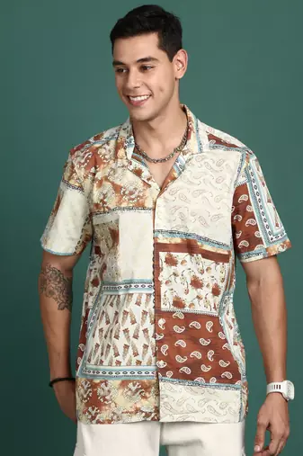 men's cuban collar floral rust relaxed fit shirt