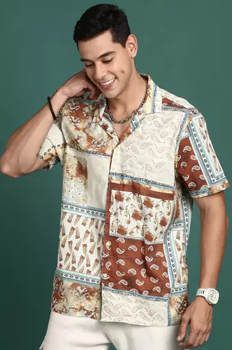 men's cuban collar floral rust relaxed fit shirt