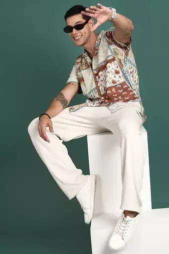 men's cuban collar floral rust relaxed fit shirt