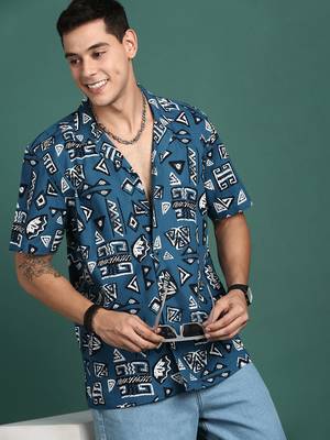 men's cuban collar geometric blue relaxed fit shirt 1