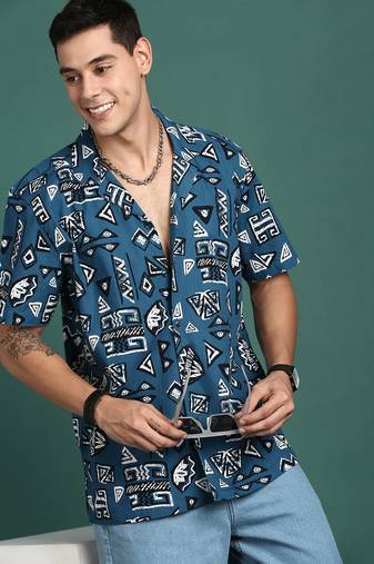 men's cuban collar geometric blue relaxed fit shirt