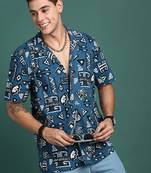 men's cuban collar geometric blue relaxed fit shirt