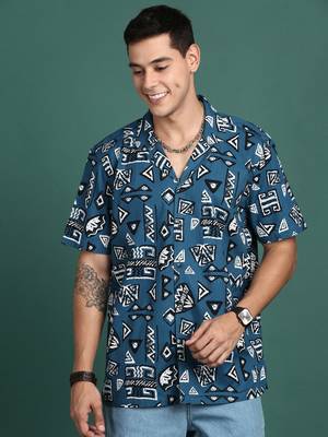 men's cuban collar geometric blue relaxed fit shirt 2