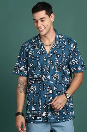 men's cuban collar geometric blue relaxed fit shirt