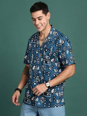 men's cuban collar geometric blue relaxed fit shirt 3