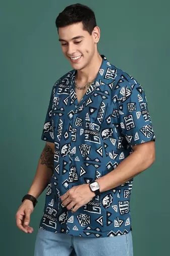 men's cuban collar geometric blue relaxed fit shirt