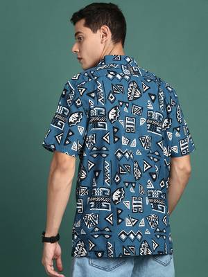 men's cuban collar geometric blue relaxed fit shirt 4