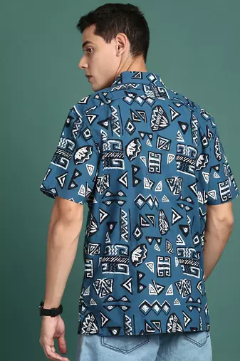men's cuban collar geometric blue relaxed fit shirt