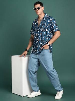 men's cuban collar geometric blue relaxed fit shirt 5