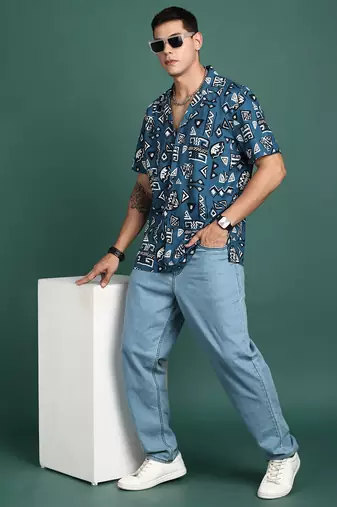 men's cuban collar geometric blue relaxed fit shirt
