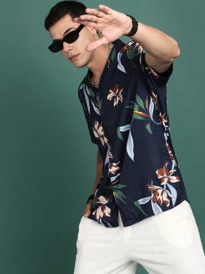 men's cuban collar floral navy blue relaxed fit shirt 1