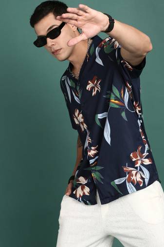 men's cuban collar floral navy blue relaxed fit shirt