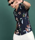 men's cuban collar floral navy blue relaxed fit shirt