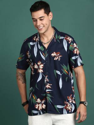 men's cuban collar floral navy blue relaxed fit shirt 2