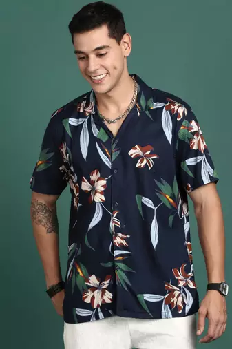 men's cuban collar floral navy blue relaxed fit shirt