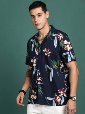 men's cuban collar floral navy blue relaxed fit shirt 3