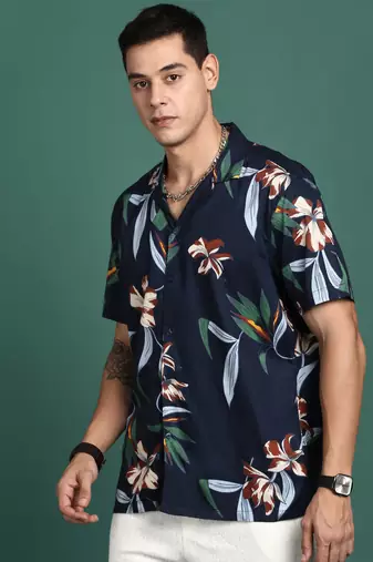 men's cuban collar floral navy blue relaxed fit shirt