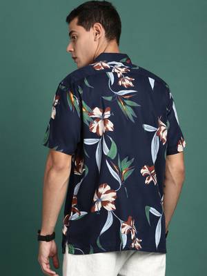men's cuban collar floral navy blue relaxed fit shirt 4