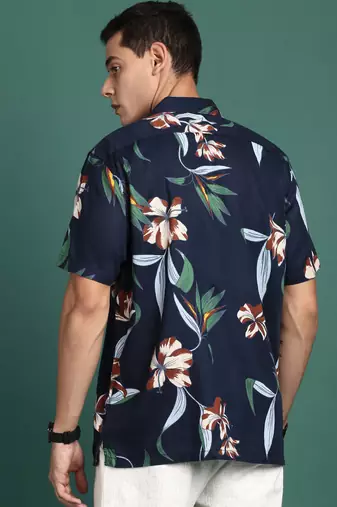 men's cuban collar floral navy blue relaxed fit shirt