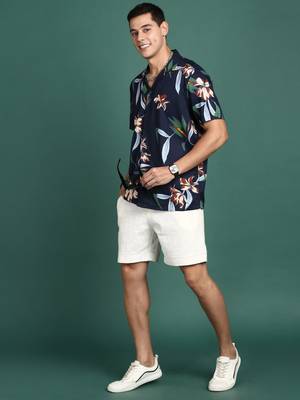 men's cuban collar floral navy blue relaxed fit shirt 5