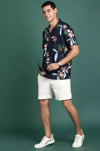 men's cuban collar floral navy blue relaxed fit shirt