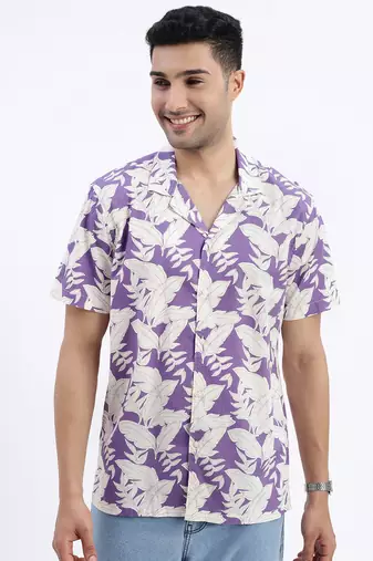 men's purple floral cuban collar relaxed fit shirt