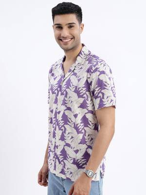 men's purple floral cuban collar relaxed fit shirt 3