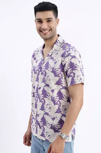 men's purple floral cuban collar relaxed fit shirt