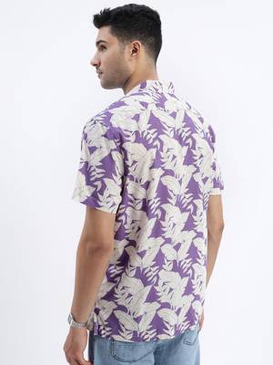 men's purple floral cuban collar relaxed fit shirt 4