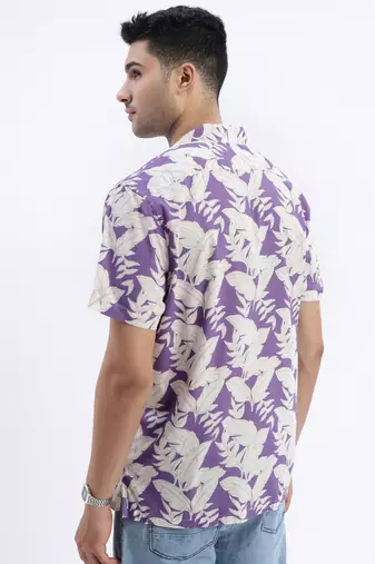 men's purple floral cuban collar relaxed fit shirt