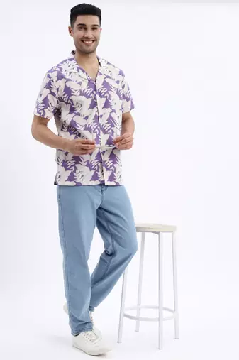 men's purple floral cuban collar relaxed fit shirt