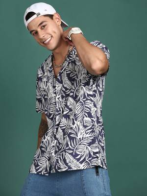 men's cuban collar floral navy blue relaxed fit shirt 1