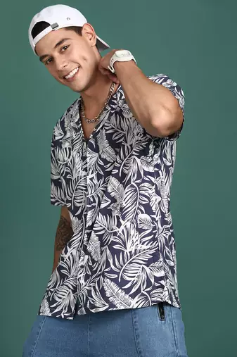 men's cuban collar floral navy blue relaxed fit shirt