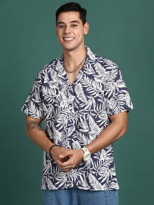 men's cuban collar floral navy blue relaxed fit shirt 2