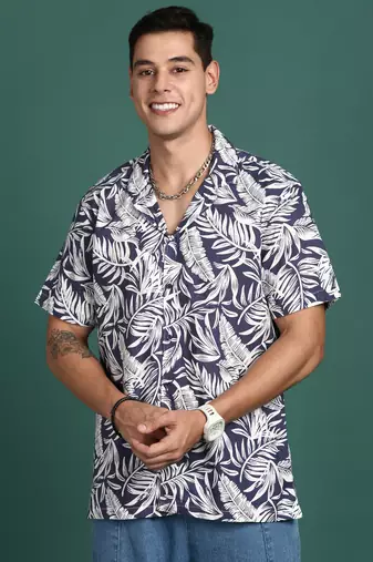 men's cuban collar floral navy blue relaxed fit shirt