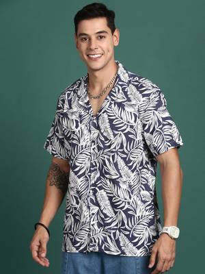 men's cuban collar floral navy blue relaxed fit shirt 3