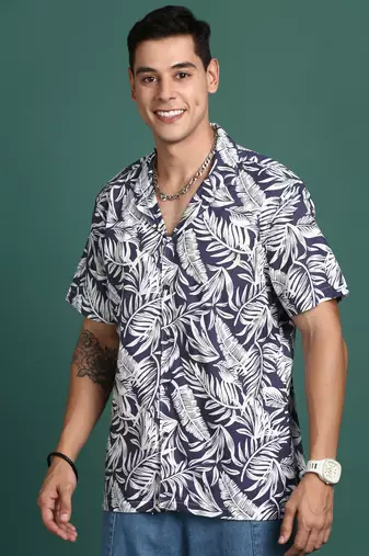 men's cuban collar floral navy blue relaxed fit shirt