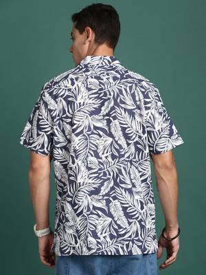 men's cuban collar floral navy blue relaxed fit shirt 4
