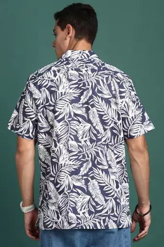 men's cuban collar floral navy blue relaxed fit shirt