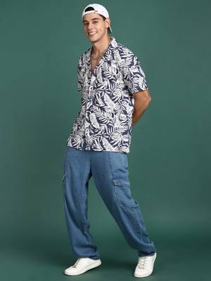 men's cuban collar floral navy blue relaxed fit shirt 5