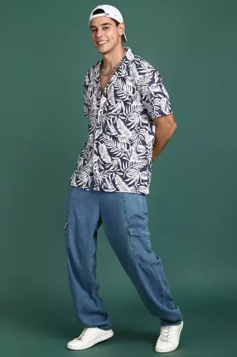 men's cuban collar floral navy blue relaxed fit shirt