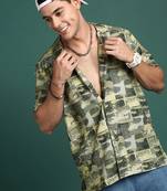 men's cuban collar ethnic motifs green relaxed fit shirt