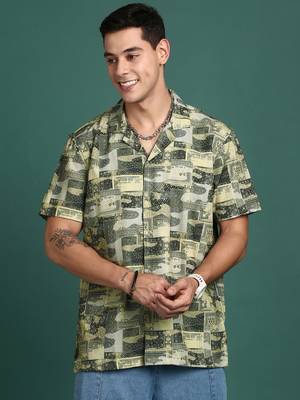 men's cuban collar ethnic motifs green relaxed fit shirt 2